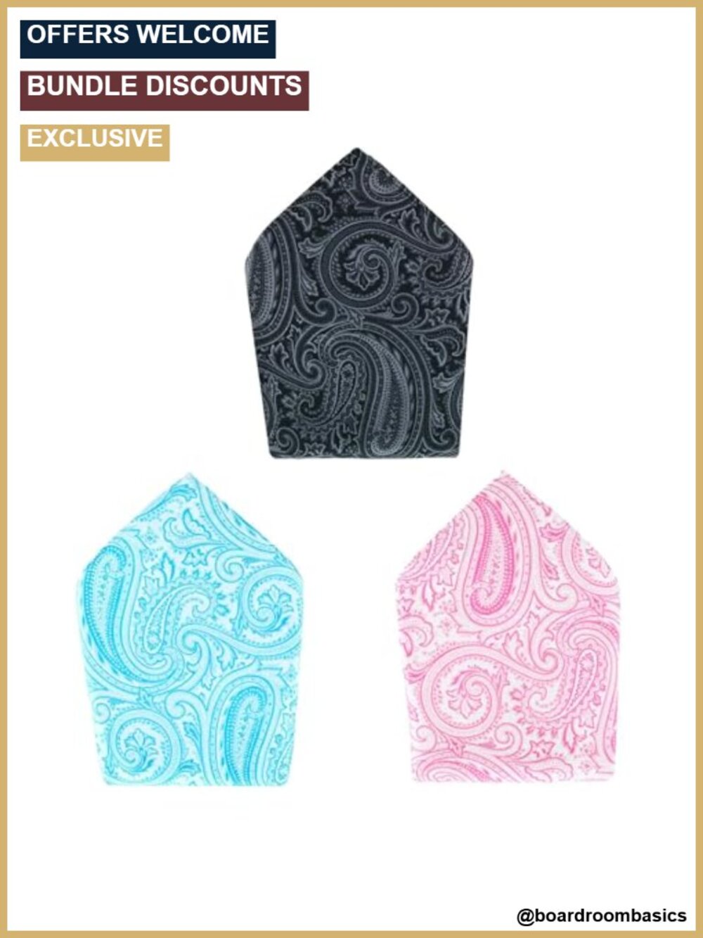 Silk Pocket Square Trio 12-inch Paisley Design 3 Pack